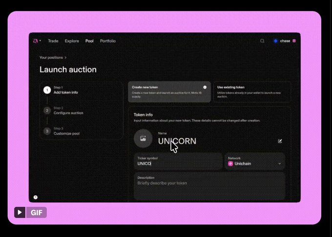 A GIF showing a "Launch auction" interface on a crypto platform, displaying a token creation form with a token named "UNICORN" (symbol UNICQ) being set up on the Unichain network. The image illustrates the CCA auction creation process referenced in the post, specifically showing Step 1 of the auction launch workflow where users add token info to prepare for a continuous clearing auction.