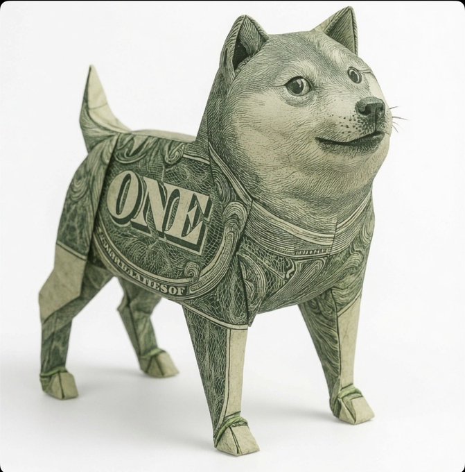 The image features a one-dollar bill that has been creatively transformed into an origami dog sculpture, standing upright with its front paws resting on its hind legs. The origami dog is made from paper money and appears to be posed as if ready for action or play. The accompanying text in the post reads "1 $DOGE = 1 $DOGE Forever." This message emphasizes that the origami dog will continue to exist, just like a one-dollar bill does when it is still in circulation.