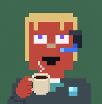 A pixel art illustration of a red-faced character with blonde hair and purple eyes wearing a headset and a suit, holding a coffee mug against a green background.