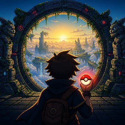 An animated-style illustration of a character viewed from behind, wearing a backpack and holding a glowing Pokéball, looking out through a massive circular stone portal toward a fantasy landscape with floating islands and a bright sunset.