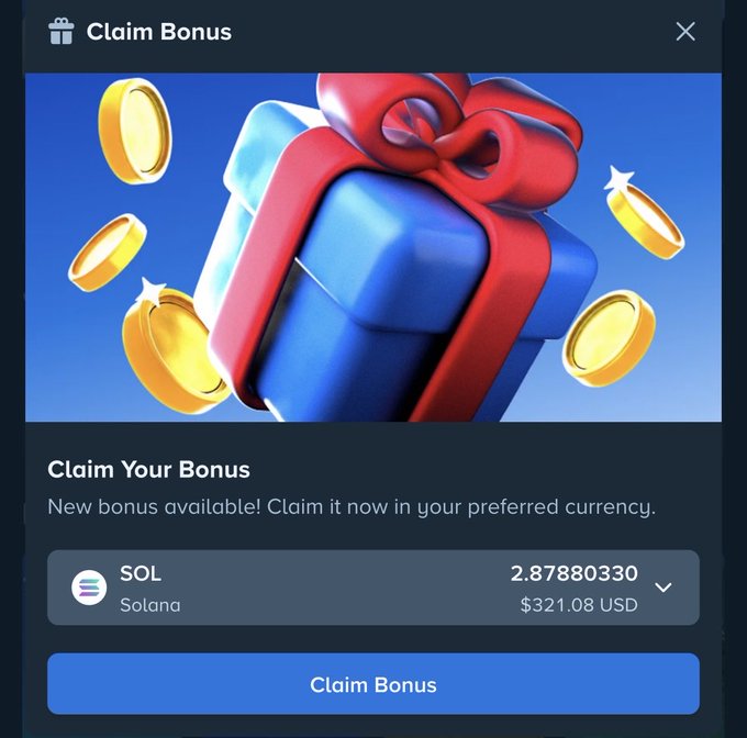 A "Claim Bonus" modal shows a blue gift box with a red bow and gold coins, offering 2.87880330 SOL (~$321.08 USD) to claim. This appears to celebrate a weekly bonus winnings from Stake, aligning with the post announcing a $121 giveaway.