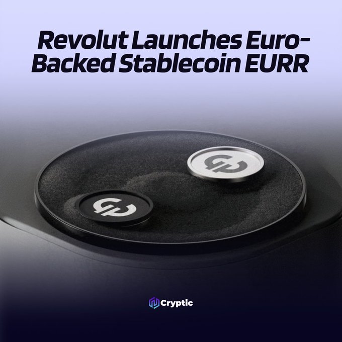 The image features a sleek, dark-toned promotional graphic with two circular tokens—one black and one silver—resting on a textured black surface, each bearing a stylized "GD" emblem. The headline "Revolut Launches Euro-Backed Stablecoin EURR" appears at the top in bold text, directly complementing the announcement of the new $EURR stablecoin introduced by Revolut in partnership with Stripe-owned Bridge Building S.A. The "Cryptic" logo is visible at the bottom, indicating the source of the post.