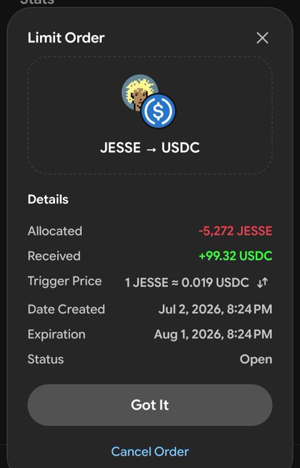 Screenshot of a Limit Order for JESSE → USDC showing -5,272 JESSE allocated, +99.32 USDC received, trigger price 1 JESSE ≈ 0.019 USDC, status Open, with Cancel Order option.