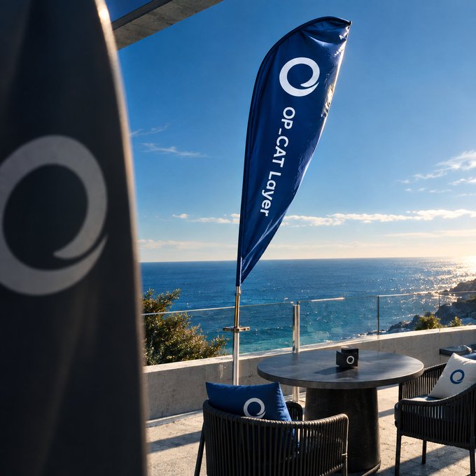 An outdoor seaside terrace features a round table with blue "OP_CAT Layer" branded cushions and a matching vertical banner, set against a stunning ocean view under a bright blue sky—perfectly capturing a relaxing weekend vibe by the sea.