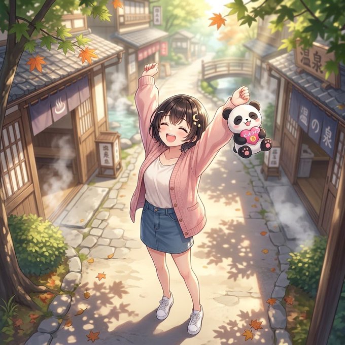 An anime-style illustration of a smiling girl with short brown hair in a pink cardigan and denim skirt, holding up a panda plushie while stretching her arms in a Japanese-style street with hot spring bathhouses.