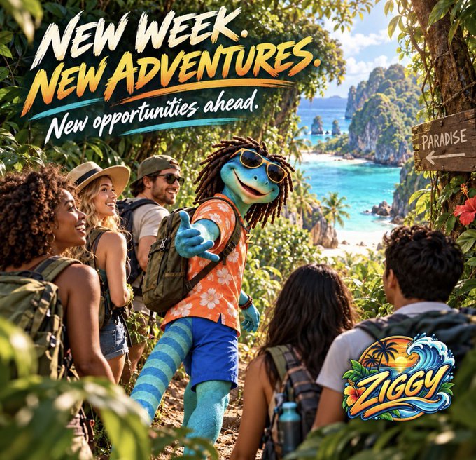 A vibrant tropical adventure poster reads 'NEW WEEK. NEW ADVENTURES. New opportunities ahead.' and 'PARADISE', featuring an animated blue character with dreadlocks and sunglasses leading a group of hikers toward a beach, branded 'Ziggy'.