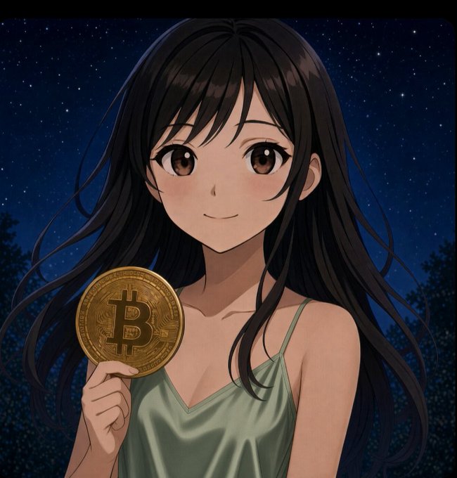 An anime-style illustration of a smiling girl with long dark hair holding up a gold Bitcoin (₿) coin against a starry night sky background.