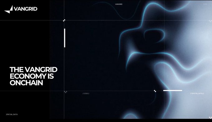 A dark digital promotional graphic with a flowing blue light design, featuring the logo 'VANGRID' and the text 'THE VANGRID ECONOMY IS ONCHAIN'.