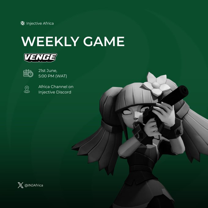 The image features an advertisement for a weekly game called "Venge" with a character holding a gun. The poster also includes information about the game's schedule and details of how to participate, as well as a link to the game's website. The text on the poster is in black and white, which contrasts with the green background. The main focus of the image is the character holding the gun, drawing attention to the game being advertised.