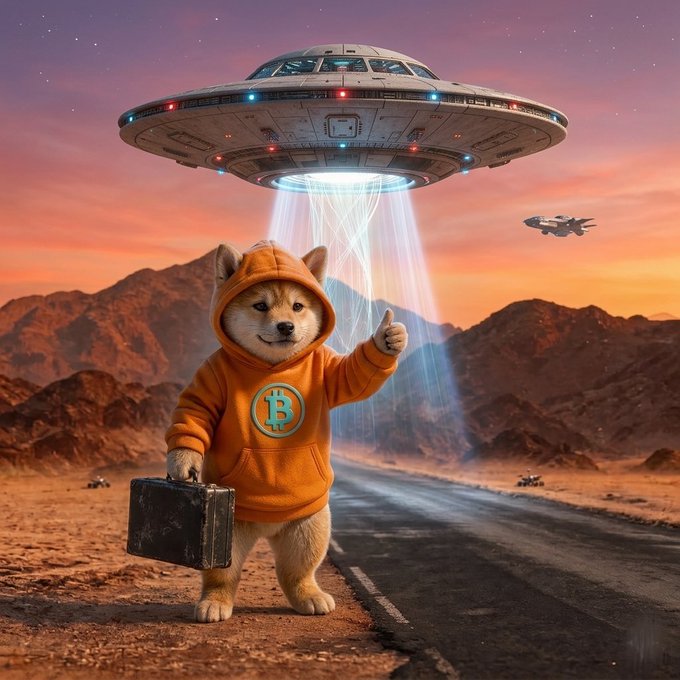 A Shiba Inu dog wearing an orange hoodie with a Bitcoin logo stands on a desert road holding a suitcase and giving a thumbs up, while a UFO beams light down from above against a sunset sky.