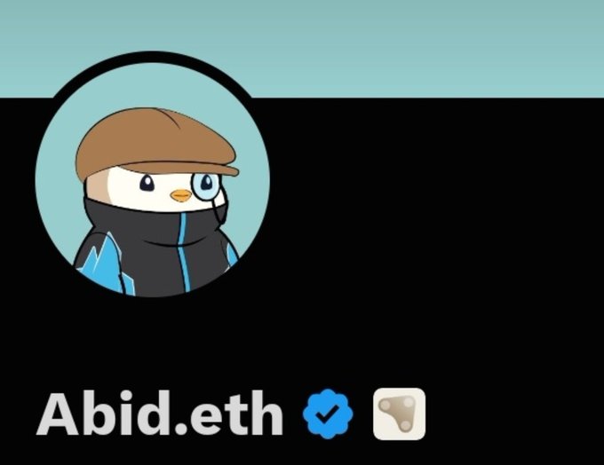 A profile graphic featuring a cartoon penguin wearing a brown flat cap and a black and teal jacket, displayed in a circular frame against a light blue and black background, with the username "Abid.eth" shown alongside a verified blue checkmark badge and a share icon, reflecting the user's excitement about earning a new profile badge.