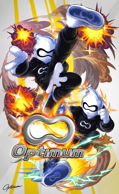 An anime-style illustration featuring two characters with infinity symbol masks in dynamic poses, surrounded by explosion effects, with a metallic infinity logo and the word 'Optimum' at the bottom.