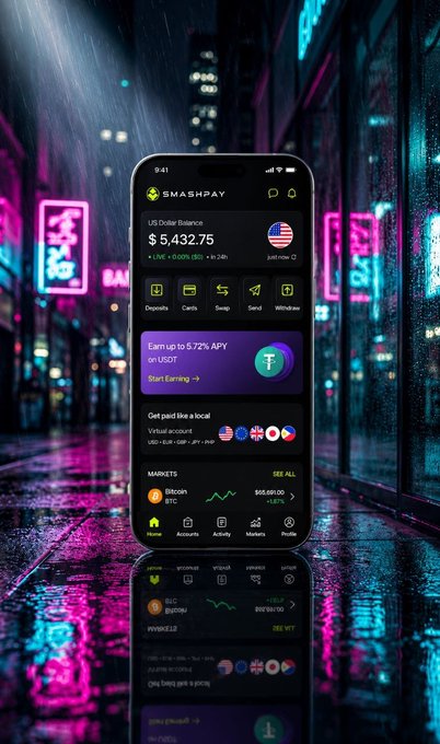 A smartphone displaying the SMASHPAY app with a US Dollar Balance of $5,432.75, set against a vibrant, neon-lit cyberpunk city street background in the rain.