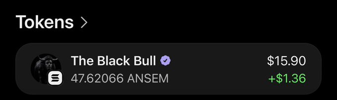 The image shows a "Tokens" section displaying "The Black Bull" with a verified checkmark, holding 47.62066 ANSEM tokens valued at $15.90 with a gain of +$1.36 (in green), visually confirming the post's claim that their $ANSEM bag is pumping and in profit.