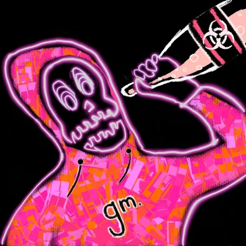 A vibrant pink and orange pixelated hooded skeleton drinks from a biohazard-labeled soda can, with the text '9m.' visible on its chest.