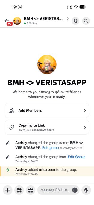 A messaging app group chat screenshot for 'BMH <> VERISTASAPP' created by Audrey, showing an invitation link and a notification that Audrey added mhartee to the group.