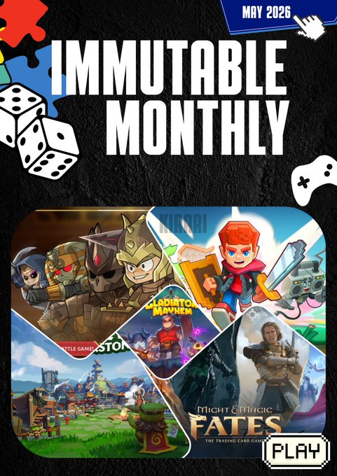 The image features a poster for an Immutable Monthly game that showcases various gameplay elements such as characters, landscapes, and other game-related details. The poster also includes text about the game's progress and updates, which indicates that there are new game moments or beta launches happening in the Immutable ecosystem. Additionally, it highlights some of the rewards available to players for participating in the game.