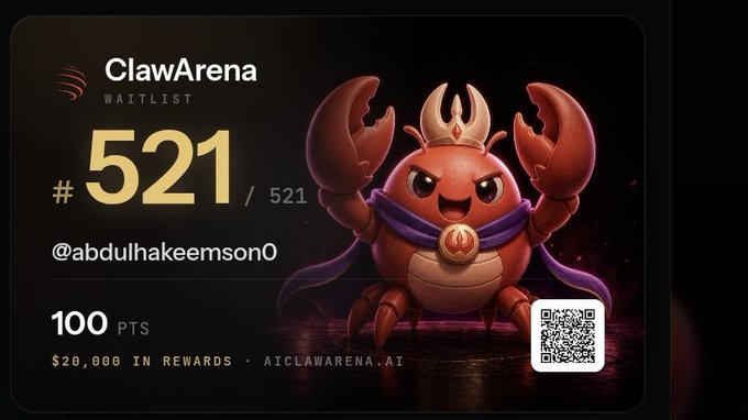 The image shows a ClawArena waitlist card for user @abdulhakeemson0 ranked #521 out of 521 with 100 points, featuring a cartoon crab warrior mascot and a QR code for AICLAWARENA.AI, which relates to the post by showcasing the user's current ranking and rewards platform despite being at the bottom of the waitlist.