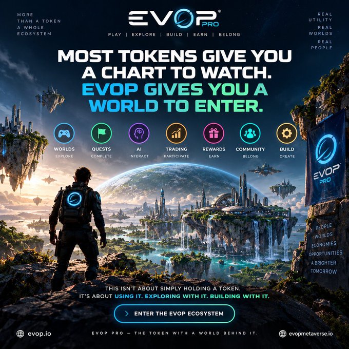 A promotional graphic for 'EVOP PRO' featuring a sci-fi landscape with floating islands, displaying the tagline 'MOST TOKENS GIVE YOU A CHART TO WATCH. EVOP GIVES YOU A WORLD TO ENTER.' along with feature icons and website 'evop.io'.