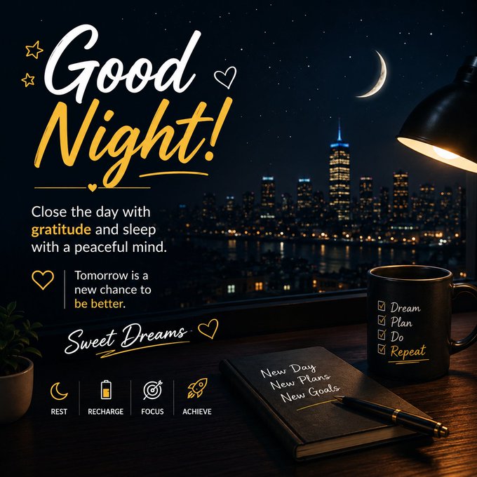 A "Good Night!" motivational graphic featuring a nighttime city skyline, a crescent moon, a coffee mug, and a notebook with "New Day, New Plans, New Goals" written on it.