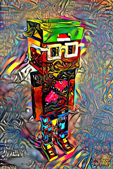 A vibrant, psychedelic digital artwork features a stylized, blocky character resembling a Minecraft figure wearing sunglasses, set against a chaotic, colorful background filled with abstract patterns.