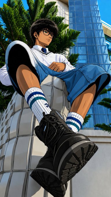 An anime-style illustration of a young man in a white hoodie, blue shorts, striped socks, and chunky black boots, sitting casually on a metallic structure with palm trees and a glass skyscraper in the background.