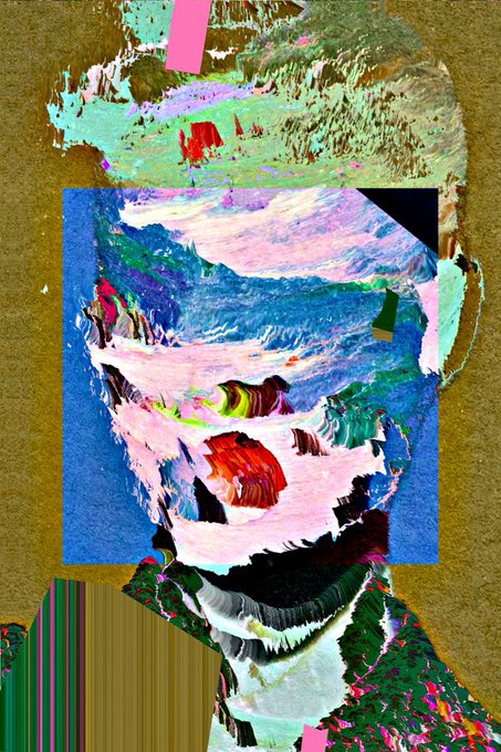 An abstract collage artwork featuring distorted, glitch-like facial imagery in pink, blue, and green hues set against a textured gold/brown background.