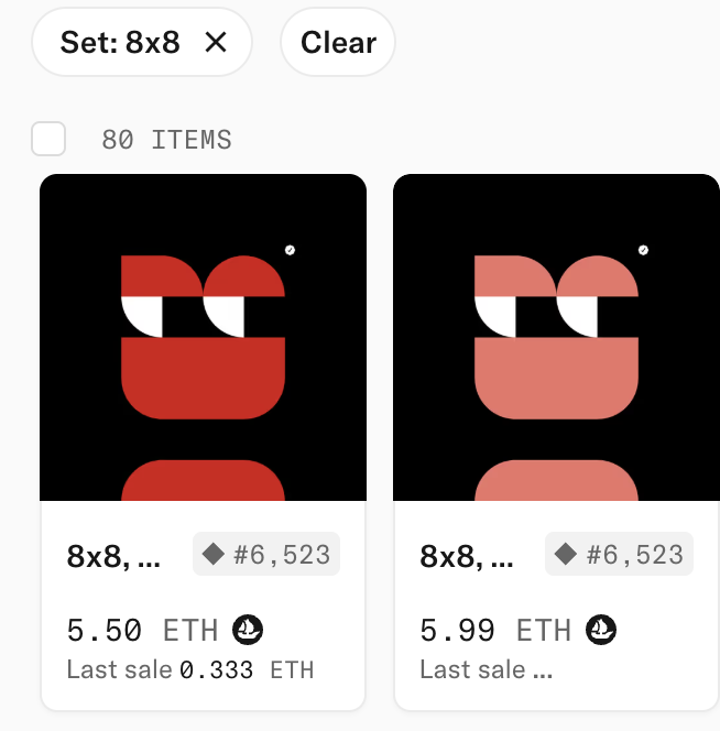 A screenshot of an NFT marketplace showing two pixel-art character avatars from the '8x8' collection priced at 5.50 ETH and 5.99 ETH.