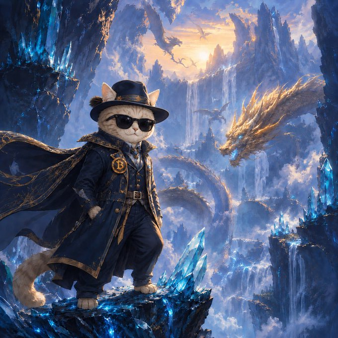 A fantasy digital artwork depicts an anthropomorphic cat wearing a black coat, sunglasses, and a hat, standing on a crystal outcrop while facing a golden dragon in a mountainous, otherworldly landscape.