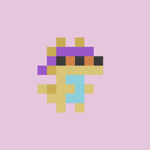 A small pixel-art character with a yellow body, purple headwear, and orange sunglasses, set against a plain pink background.