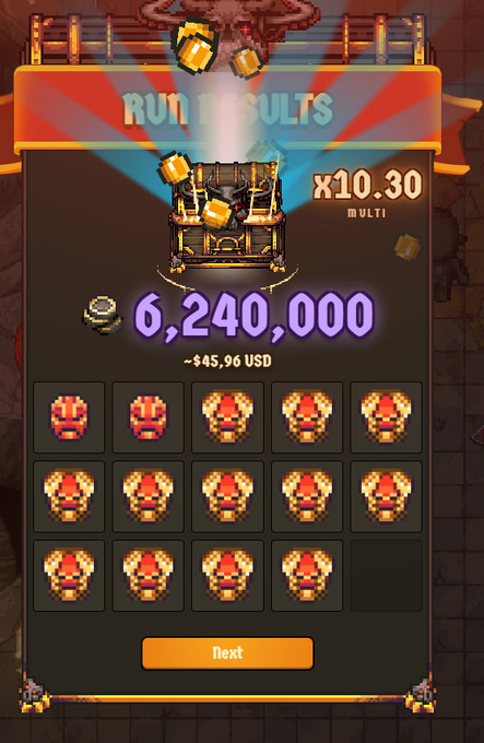 A "RUN RESULTS" screen from a slot-style game showing a payout of 6,240,000 (~45.96 USD) with an x10.30 MULTI multiplier and rows of matching skull pixel-art symbols.