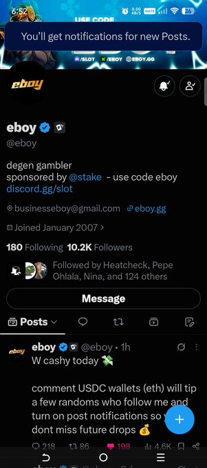A screenshot of the X/Twitter profile for @eboy showing "degen gambler", 10.2K followers, and a recent post about "W cashy today 💸".