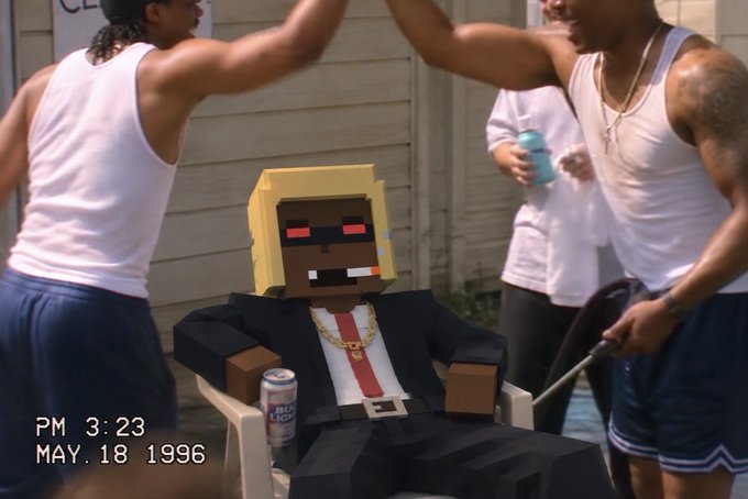 A humorous edit places a 3D Minecraft-style character in a gold chain and suit in the center of a vintage photograph dated 'PM 3:23 MAY. 18 1996', surrounded by men in white tank tops.