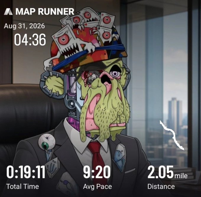 A 'MAP RUNNER' app screen from Aug 31, 2026 at 04:36, displaying a grotesque cartoon zombie character in a suit with running stats: Total Time 0:19:11, Avg Pace 9:20, Distance 2.05 miles.