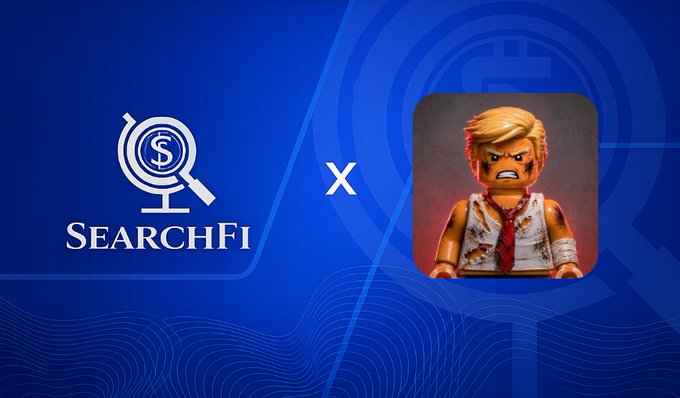 A blue promotional graphic featuring the 'SEARCHFI' logo with a dollar sign and magnifying glass, alongside an 'X' and a Playmobil-style figure of a man with a torn shirt.