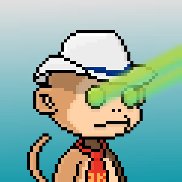 A pixel art character wearing a white cap, green glasses, and a red shirt is shown with green laser beams shooting from their eyes. The image visually represents the "Monkey Hood NFT" referenced in the post, depicting a monkey-themed character that aligns with the playful crypto/NFT branding.