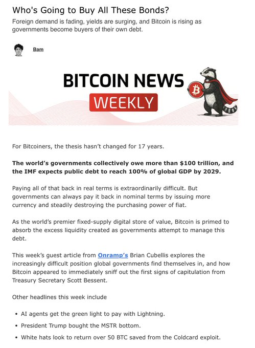 A "Bitcoin News Weekly" newsletter article titled "Who's Going to Buy All These Bonds?" highlights IMF projections of global public debt reaching 100% of GDP by 2029 (over $100 trillion), while teasing other headlines about AI agents using Lightning, President Trump buying the MSTR bottom, and the Coldcard exploit's 50 BTC recovery. The image aligns with the post's theme by emphasizing the bond market strain, fading foreign demand, and Bitcoin's role as a fixed-supply store of value amid governments becoming buyers of their own debt.