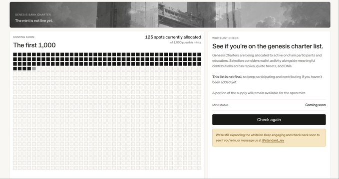 A screenshot of the Standard Reserve "Genesis Charter" whitelist page shows 125 of 1,000 mint spots currently allocated, with a "Coming Soon" mint status and a "Check again" button to verify eligibility, aligning with the post's announcement about the limited 1,000-spot whitelist for the upcoming mint.
