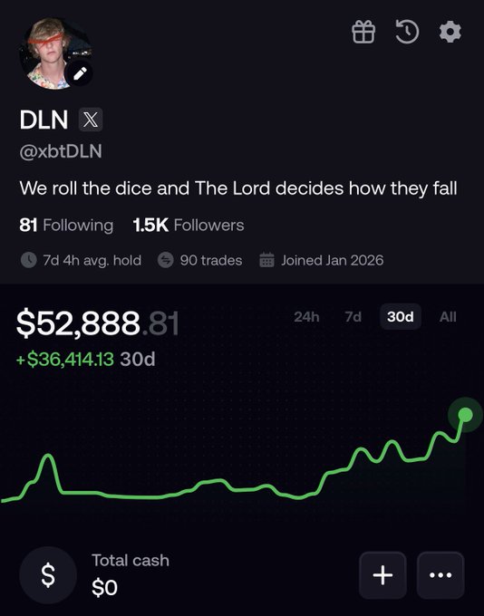 The image shows a trading portfolio profile for "DLN" (@xbtDLN) on what appears to be a copy-trading platform, displaying a portfolio value of $52,888.81 with a 30-day gain of +$36,414.13 shown via an upward green equity curve. The post celebrates finally recovering from losing a $25k airdrop to zero, with the green chart visually reinforcing the "finally green again" turnaround mentioned in the caption.