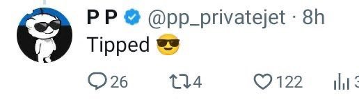 A screenshot of a tweet from verified user @pp_privatejet (PP) showing the brief message "Tipped 😎" with 26 replies, 4 retweets, and 122 likes. The tweet appears to be a response confirming a tip was given, which aligns with the accompanying post about receiving a tip from @pp_privatejet and pledging to giveaway 50% to supporters.