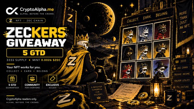 A promotional banner for CryptoAlpha.me advertising a 'ZECKERS GIVEAWAY 5 GTD' NFT giveaway, featuring crowned zombie-like character art and text highlighting 'COLLECT. EARN. BELONG.' and 'MORE THAN JUST AN NFT'.