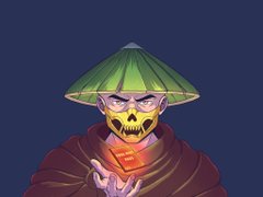 A digital illustration of a menacing character wearing a green conical hat, a yellow skull-like mask, and a dark cloak, holding a glowing orange ember in an outstretched hand.