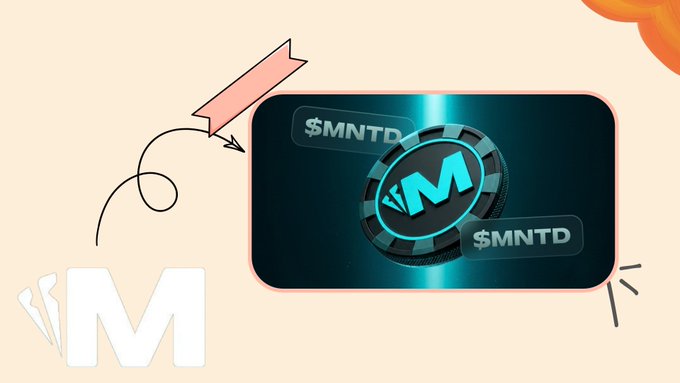 A promotional graphic featuring a stylized 'M' token with the text '$MNTD' displayed on labels, set against a dark background with a beige border.