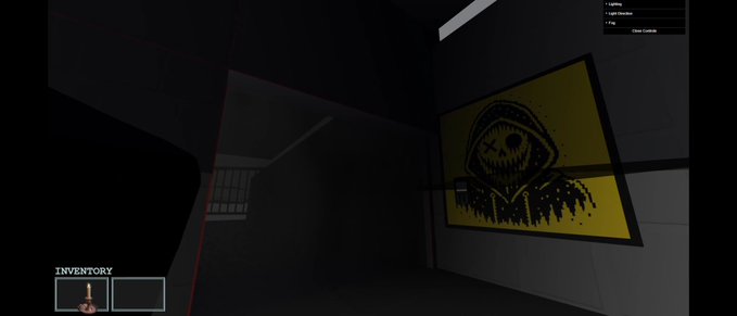 A dark video game scene shows an 'INVENTORY' bar in the lower left and a yellow warning poster with a hooded grim reaper figure on the right wall.