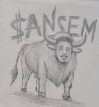 A hand-drawn sketch shows a bull with a man's bearded face, accompanied by the bold text "$ANSEM" across the top. The artist, who made the drawing with his leg, presented it as a tribute to the crypto influencer ANSEM along with his solana address.