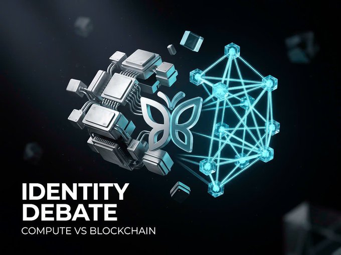A graphic for an 'IDENTITY DEBATE: COMPUTE VS BLOCKCHAIN' event, showing a metallic butterfly mask beside a glowing blue geometric polyhedron network.
