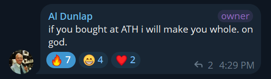A Discord message from 'Al Dunlap' (marked as owner) reading 'if you bought at ATH i will make you whole. on god.' with 7 fire, 4 laughing, and 2 heart reactions at 4:29 PM