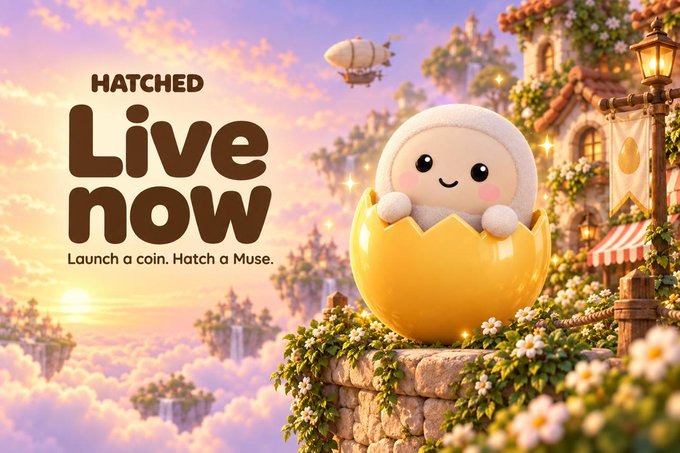A promotional graphic reads 'HATCHED Live now - Launch a coin. Hatch a Muse.' featuring a cute white mascot character emerging from a golden egg in a fantasy pastel-colored landscape.