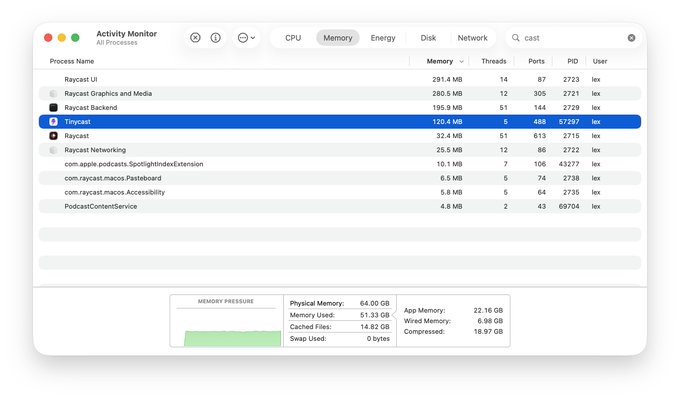 A macOS Activity Monitor window showing the Memory tab, with processes listed including Raycast UI, Raycast Backend, and Tinycast (highlighted using 120.4 MB), along with system memory stats showing 51.33 GB used of 64 GB.