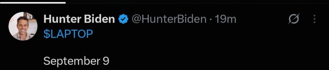 A screenshot of a social media post from a verified account named 'Hunter Biden' (@HunterBiden) reading '$LAPTOP' dated 'September 9'.